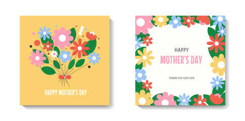 Set of Happy Mother's Day greeting cards with beautiful colorful flowers. Editable vector template for greeting card, poster, banner, invitation, social media post. 