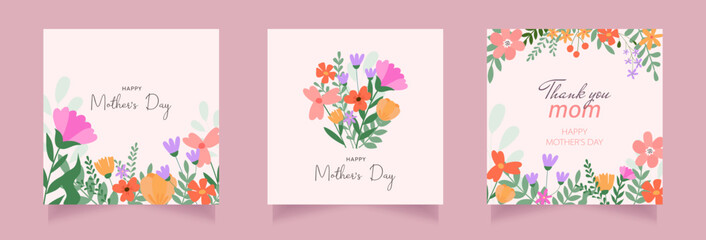 Fototapeta na wymiar Set of Happy Mother's Day greeting cards with beautiful colorful flowers. Editable vector template for greeting card, poster, banner, invitation, social media post. 