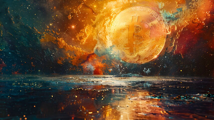 Cosmic Alignment of Bitcoin Symbol Representing Cryptocurrency s Universal into Financial Systems - obrazy, fototapety, plakaty
