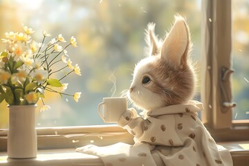 Cozy Rabbit Gazing Out Window with Coffee and Spring Flowers in Minimalist Watercolor Artwork
