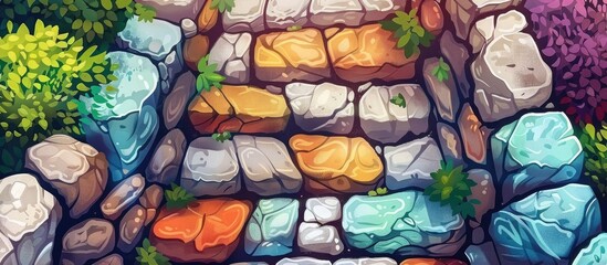 A vibrant painting showcasing a staircase constructed with colorful rocks, set amidst lush green plants. The artwork captures the beauty of nature in a unique and artistic way