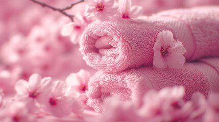 Obraz na płótnie Canvas Soft pink towels adorned with cherry blossoms for a serene and inviting spa day ambiance.