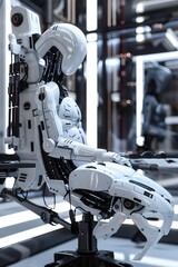 Fototapeta premium Futuristic Cybernetic Ergonomic Oasis for Maximized Productivity with Levitating Desks and Hyper Details