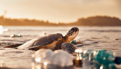 sea turtle swimming in ocean invaded by plastic bottles pollution in oceans concept creative banner copyspace image - Powered by Adobe