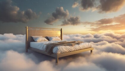 cosy bed over fluffy clouds at night 3d rendering