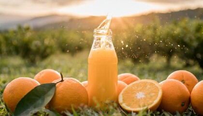 bottle of orange juice is splashing in a field of oranges the scene is bright and cheerful with the...
