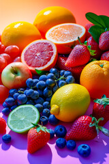 Colorful assortment of fruits including apples oranges and strawberries.