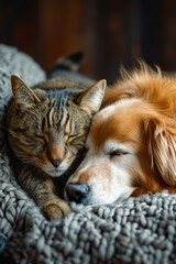 Cat and dog sleeping together on blanket.