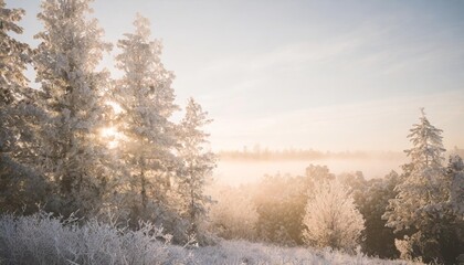 frost covered trees in winter forest at foggy sunrise abstract nature background