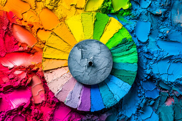 Colorful wheel with many different colors is shown in Paint bottle.