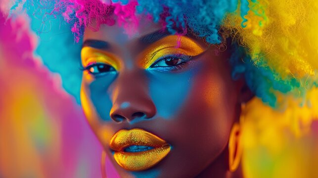 A vibrant and colorful african black woman makeup look with bright blue yellow