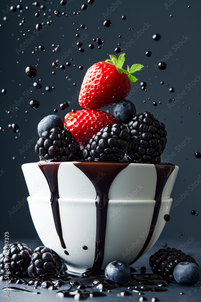 Sticker Bowl of fruit covered in chocolate sauce.