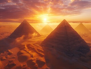 Ancient Egyptian pyramids at dawn, desert landscape Mystical and Timeless Drone Aerial & 8K Quality Warm Hues & Ethereal Light 