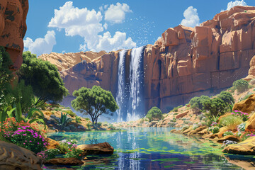 Create an AI artwork of a dreamlike waterfall plunging into a hidden oasis within the desolate,...