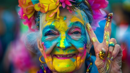 A vibrant and colorful old woman makeup look with bright blue yellow