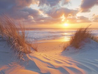 Coastal sunset, golden sand dunes, distant waves crashing Tranquil and Majestic Wide Angle & High-Resolution Warm Tones & Soft Lighting 