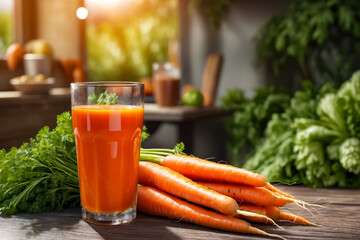 Glass of orange juice sits next to bunch of carrots. - obrazy, fototapety, plakaty