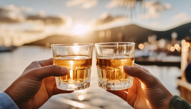 cheers glasses of whiskey in hands for celebrating a friendly party or week ending in a bar or a restaurant