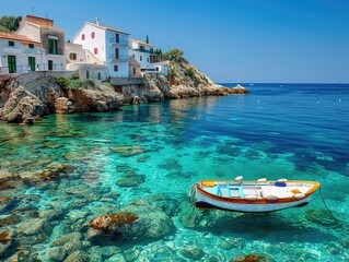 Mediterranean coast, turquoise waters, white-washed buildings, yachts anchored Idyllic and Relaxing...