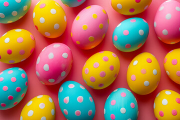 Fototapeta na wymiar Many brightly colored eggs with blue pink and yellow spots are grouped together.