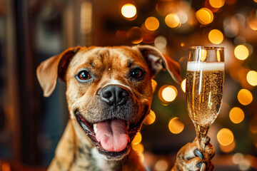 Dog is holding glass of wine in its paws and looking at the camera with smile on its face.