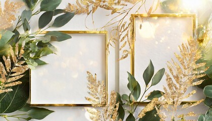 pre made templates collection frame cards with gold and green leaf branches wedding ornament concept floral poster invite decorative greeting card invitation design background birthday party - obrazy, fototapety, plakaty