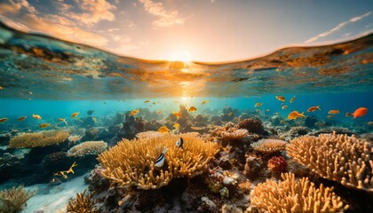a mesmerizing underwater scene with vibrant coral reefs and exotic fishes unveiling the beauty of...