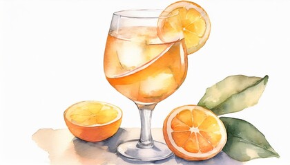 watercolor hand painted spritz cocktail glass with orange fruit simple sketch illustration on white...