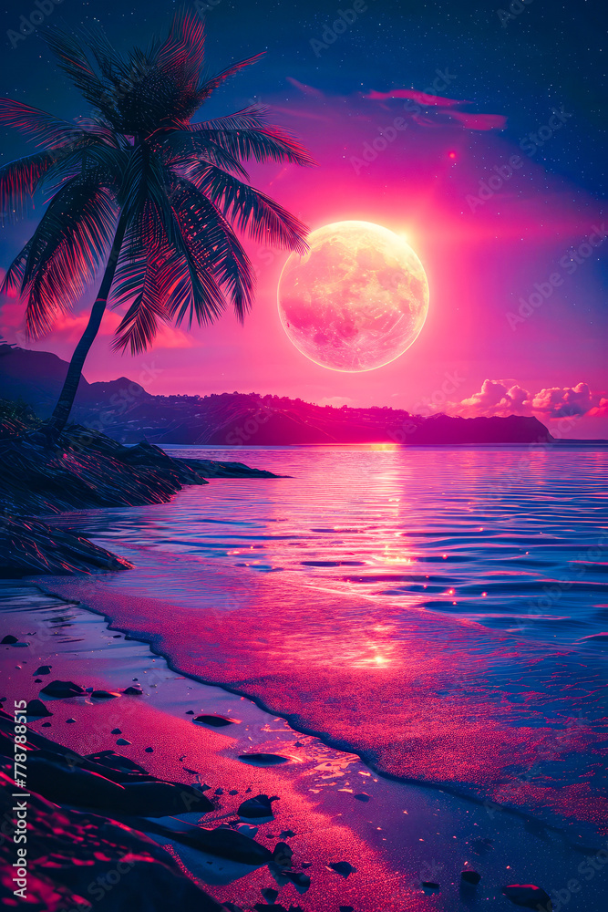 Wall mural image of tropical beach at sunset with full moon in the sky.