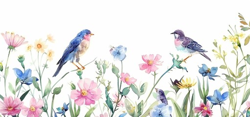 Pair of songbirds in front of lush meadow of wildflowers. Watercolor floral illustration for textile design or stationery. Floral frame for wedding invitations, greeting cards or home decor