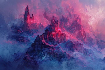 Create an AI-generated artwork depicting the abstract concept of power and strength as a towering mountain range, its rugged peaks rising defiantly against the horizon. Jagged cliffs and rocky outcrop - Powered by Adobe