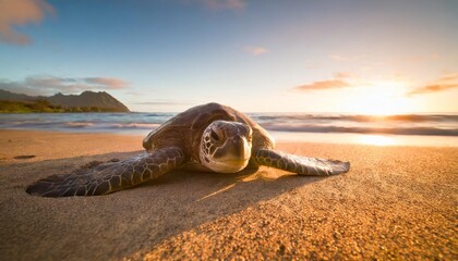 hawaiian green sea turtle covered in sand - obrazy, fototapety, plakaty