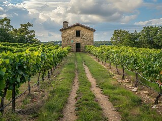 Fototapeta na wymiar Rolling vineyard, grapevines, old stone winery building Rustic and Charming Wide Angle & Earthy Rich Textures & Natural Light