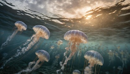 swarm of spotted blue jellyfish their tentacles trailing drifts in the serene dark ocean depths - Powered by Adobe