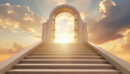 entrance to paradise clouds sun and sky in doorway stairway to heaven heavens gate to heaven end of life stairway to heaven religious background realistic 3d illustration generative ai