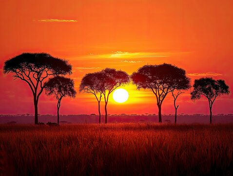 A vast savanna at sunrise, silhouetted acacia trees against a sky painted with hues of orange and pink Savannah Sunrise African Majesty & Golden Light Untamed Beauty & Timeless Wilderness
