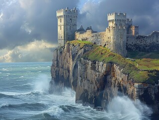 A majestic castle perched atop a rugged cliff, overlooking crashing waves and endless ocean Coastal Citadel Dramatic Heights & Ocean Majesty Medieval Grandeur & Coastal Power - obrazy, fototapety, plakaty
