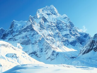 Snow-covered mountain peaks, clear blue sky above Majestic Winter Wonderland Panoramic View & Ultra HD Pristine Beauty