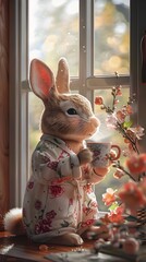 Peaceful Morning Solitude of a Charming Rabbit Enjoying Spring Blossoms and Steaming Coffee by a Sunlit Window