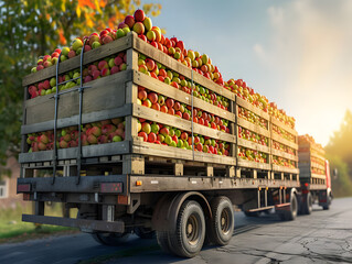 Truck transporting apples. Many red apples on a truck closeup , apple harvest in autumn, fruit processing. Red apples in crates on truck