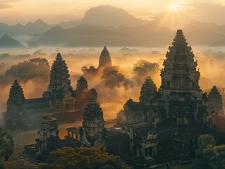 Ancient temple complex at sunrise, misty mountains in background Spiritual Dawn Panoramic & Ethereal Light Sacred Atmosphere - obrazy, fototapety, plakaty