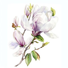 Magnolia branch in bloom. Delicate flower petals in watercolor ideal for spring decor, stationery design and textile patterns
