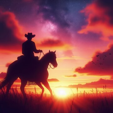 silhouette of a cowboy riding into the sunset, c4d, dreamy and optimistic, vibrant sky
