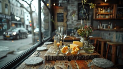 Fototapeta premium A wooden table topped with a variety of cheese rests beside a large window, providing a picturesque view of the bustling street outside