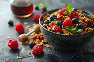 Bowl of Granola With Raspberries and Blueberries
