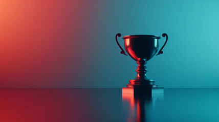 3D minimalist trophy icon on a sleek, reflective surface, highlighting the concept of achievement and victory in a subtle, creative way - obrazy, fototapety, plakaty