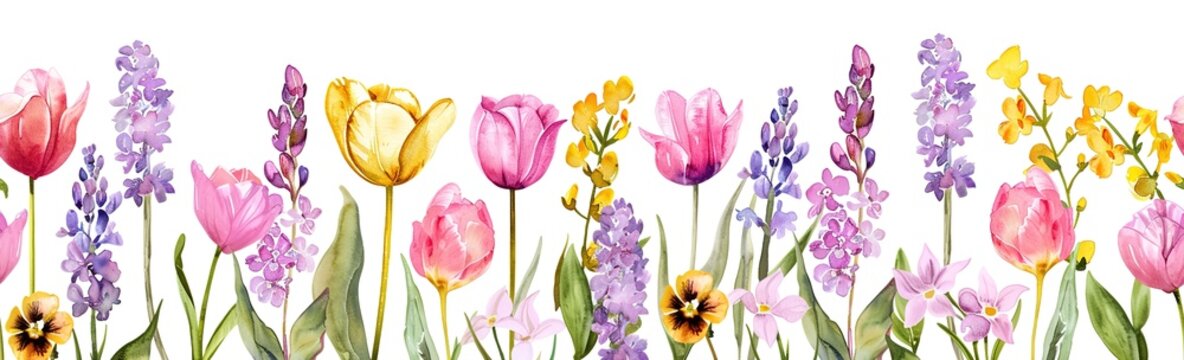 Seamless floral border with watercolor tulips and lavender. Ideal for vibrant textile prints, home decor and wedding invitations. Botanical horizontal pattern with spring flowers