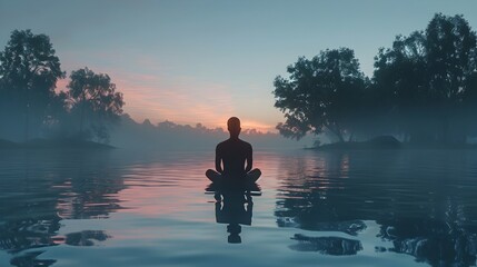 Silhouetted Meditation by the Tranquil Lake at Dusk