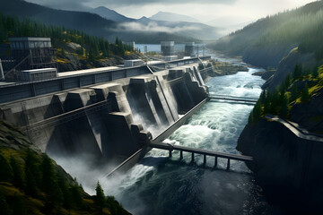 Powerful View of a Hydroelectric Dam Generating Renewable Energy.