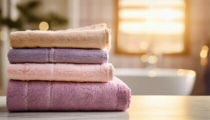 table top on towels background closeup of a stack or pile of violet and pink soft terry bath towels...
